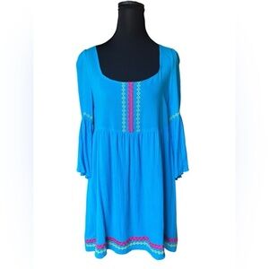 Umgee Bohemian Dress, Embroidered Details, Bell Sleeves, Size Medium, Blue, EUC